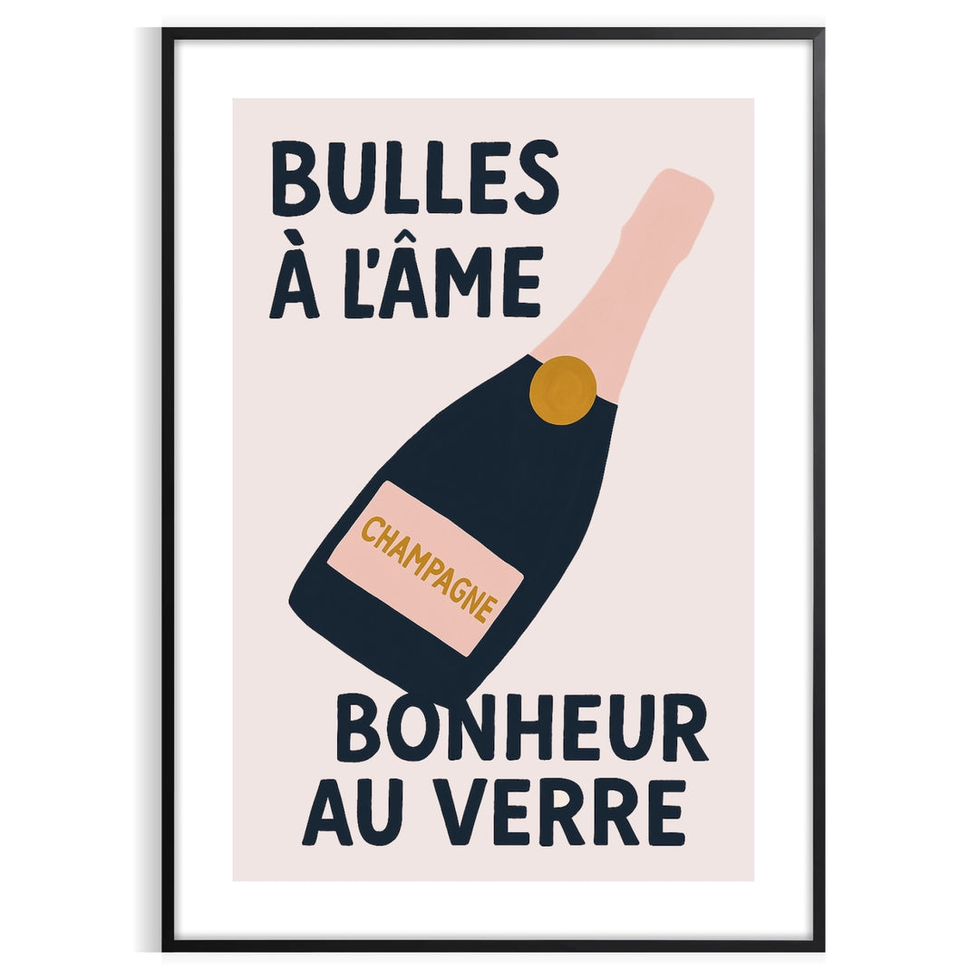 Elegant champagne bottle and glass kitchen poster in green and black