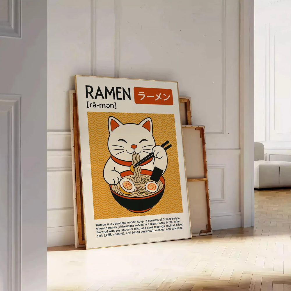 A black and red Maneki Neko surrounded by ramen elements in a graphic style