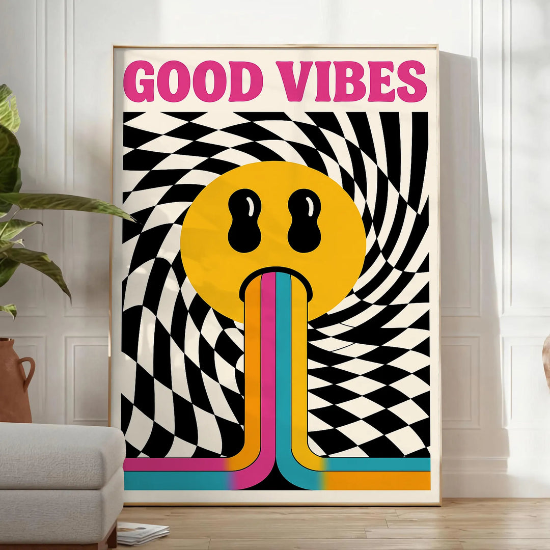 Abstrakt design i orange och vitt med texten 'Good Vibes'