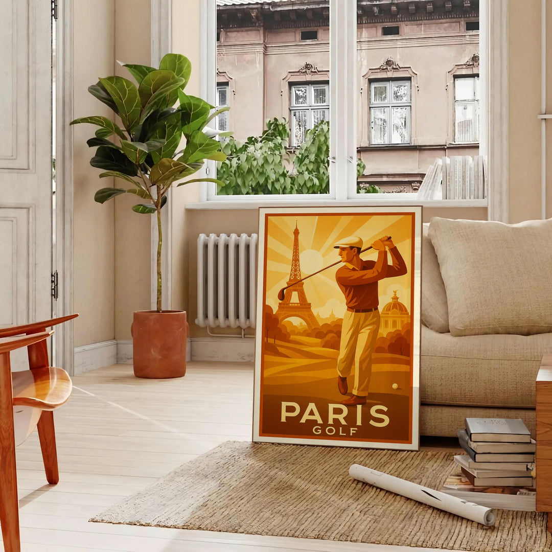 Ilustração Art Deco de golfistas em Paris com tons verdes e marrons