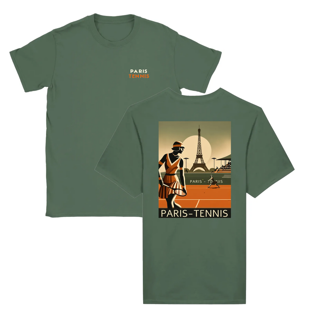 T-shirt featuring a graphic print of tennis elements and the Eiffel Tower