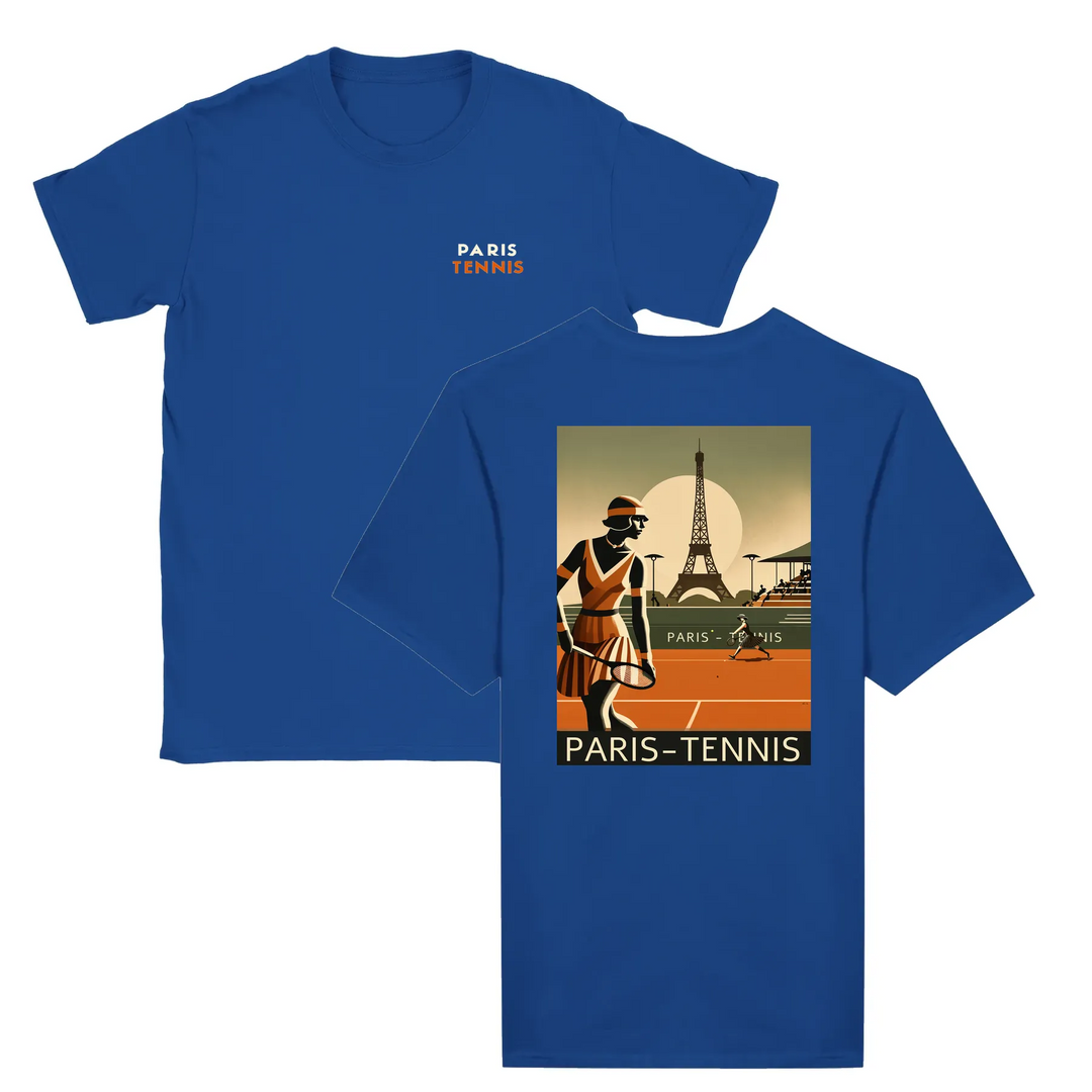 T-shirt featuring a graphic print of tennis elements and the Eiffel Tower