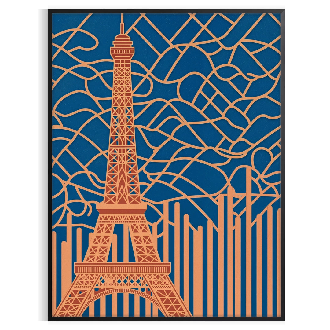 Art Deco Paris poster with stylized cityscape in orange and gray