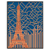 Art Deco Paris poster with stylized cityscape in orange and gray
