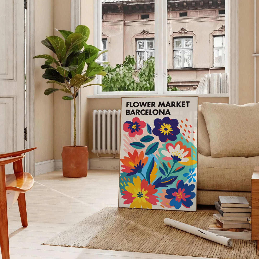 Poster del mercato dei fiori di Barcellona, illustrazione botanica blu e arancione