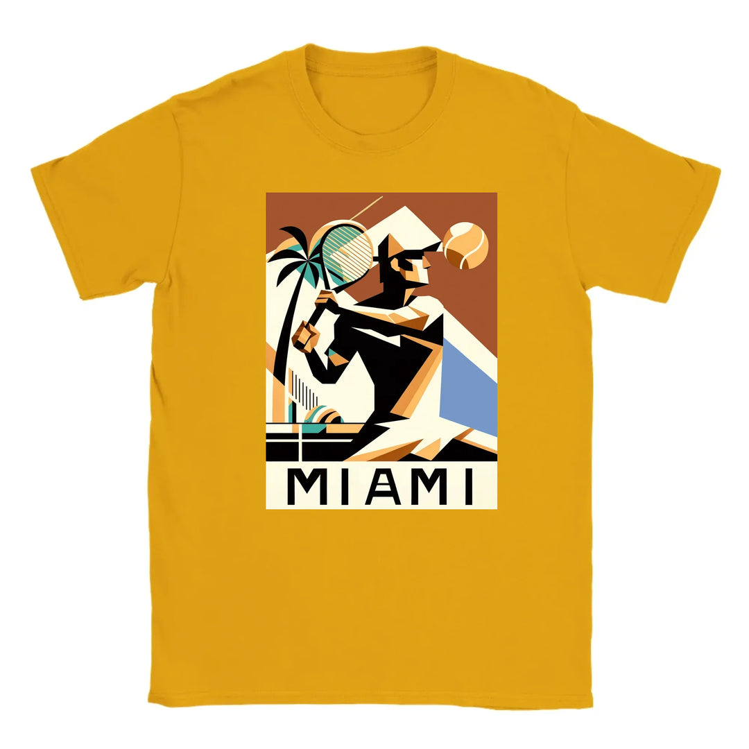 T-shirt featuring a graphic of a Miami tennis court with retro typography