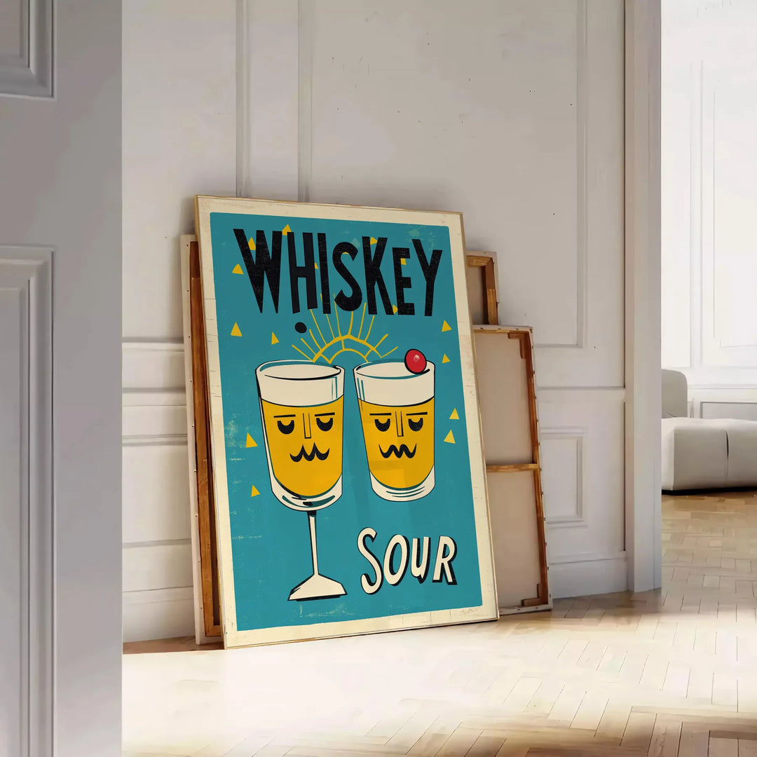 Illustration of a Whisky Sour cocktail with brown and green hues