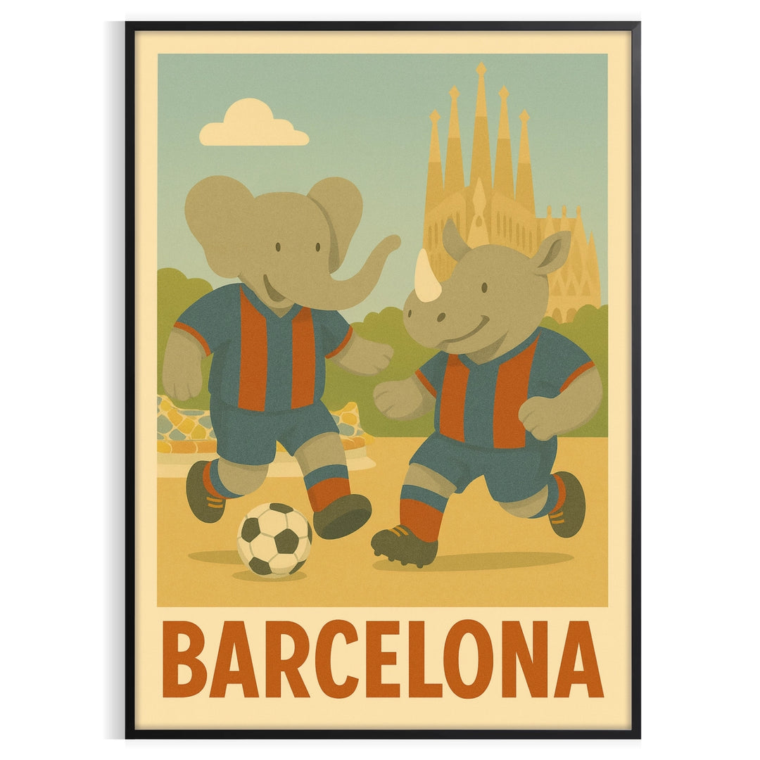 Playful elephant and rhino in Barcelona football theme, gray and green colors