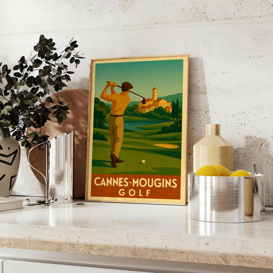 Art Deco poster featuring a golf scene in Cannes Mougins with yellow and gray tones