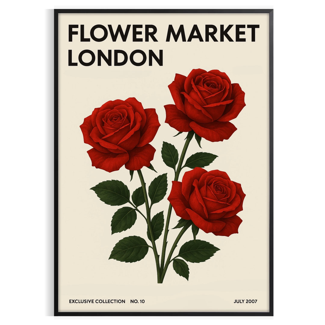 Black and red floral illustration of a flower market in London