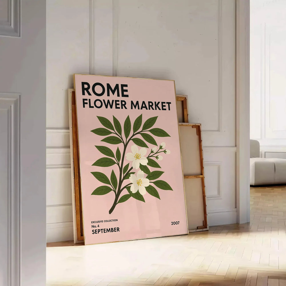 Vintage botanical illustration of flowers from Rome's market with green and gray hues