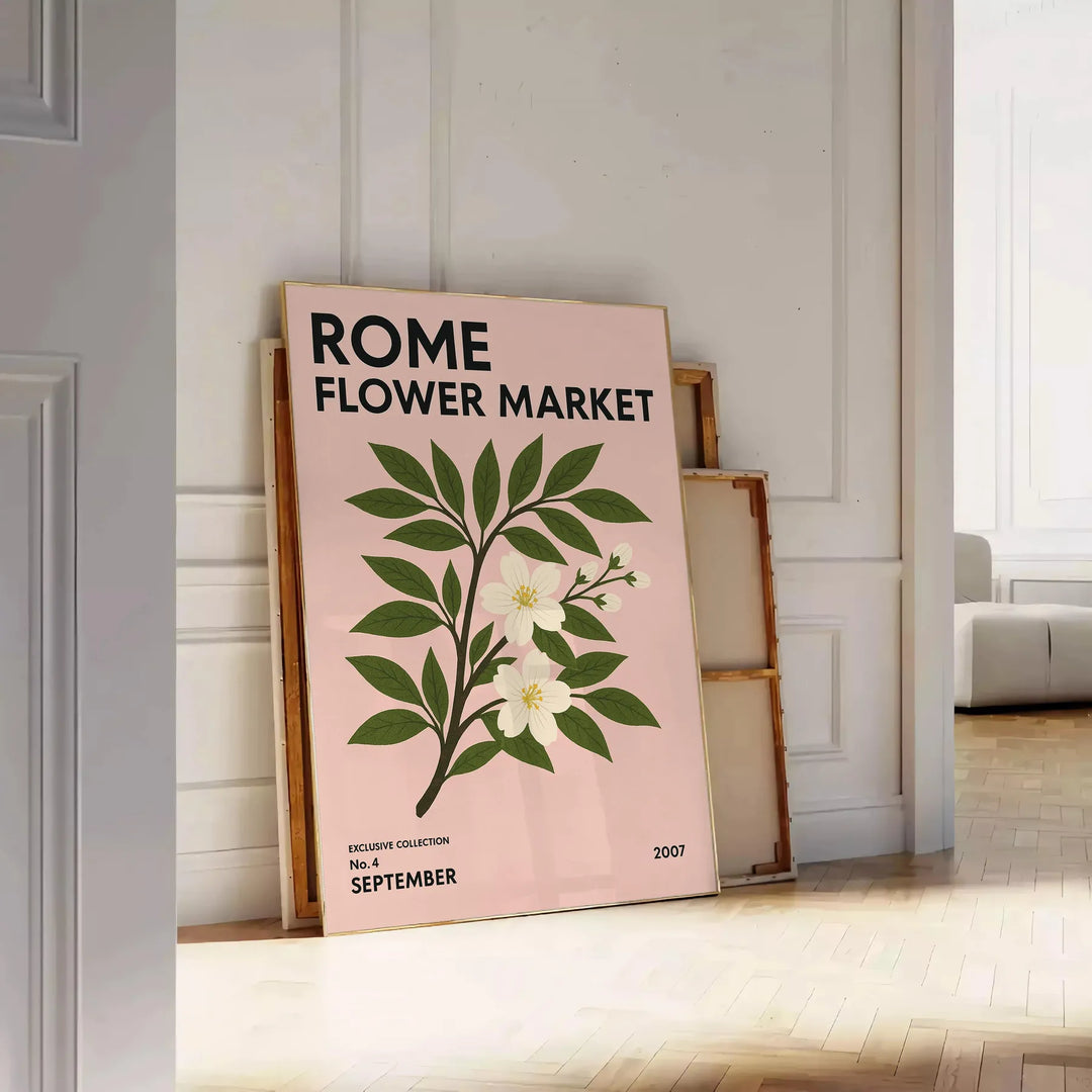 Vintage botanical illustration of flowers from Rome's market with green and gray hues