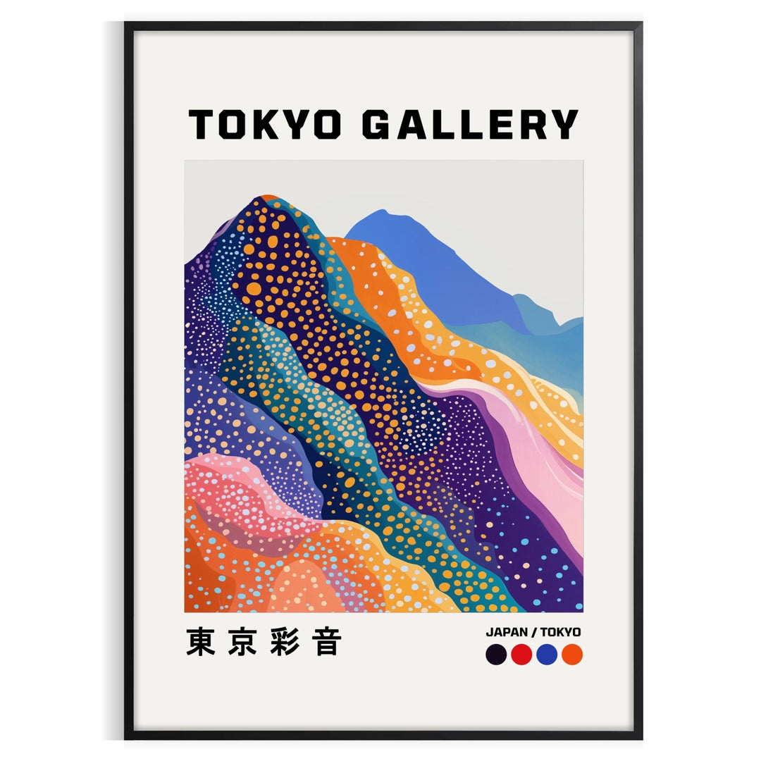 Yayoi Kusama's Fuji print featuring blue polka dots on a white background