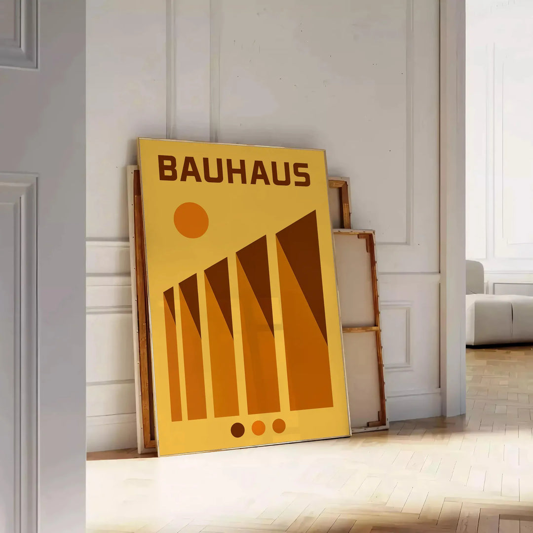 Geometric abstract forms in yellow, red, green, and orange inspired by Bauhaus