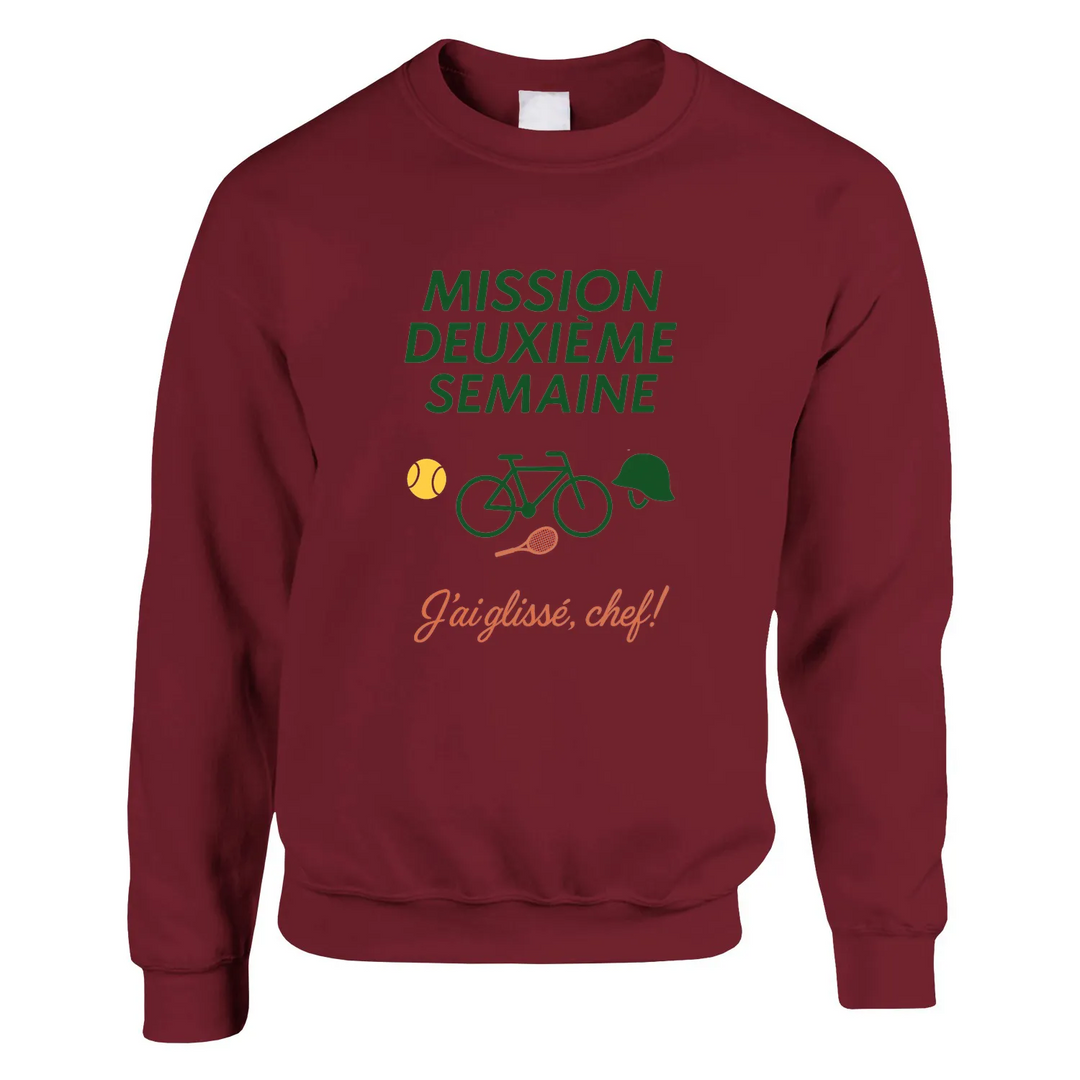 Sweater featuring a graphic print of tennis elements and the text Mission 2ème Semaine