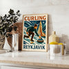Affiche graphique de curling à Reykjavik en orange et vert minimaliste