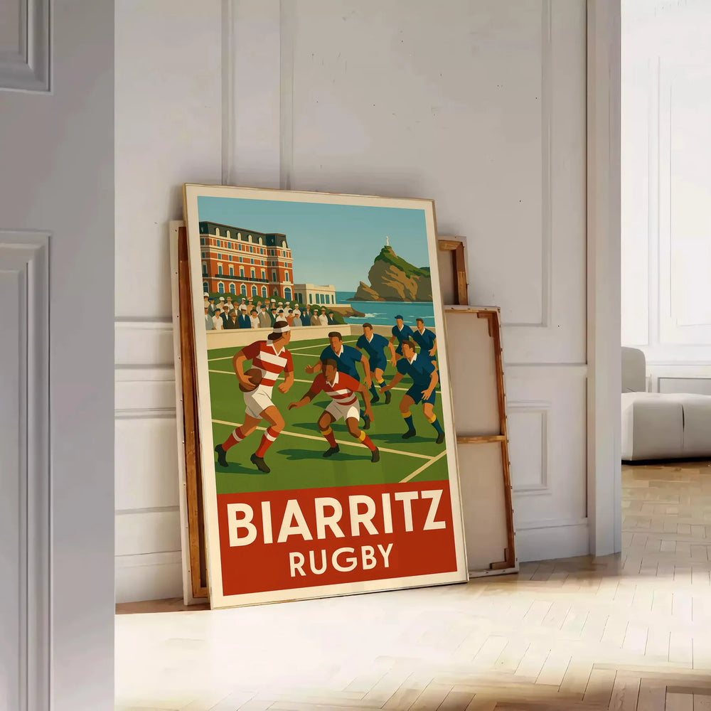 Biarritz rugby poster in vintage Art Deco style, dynamic player illustration