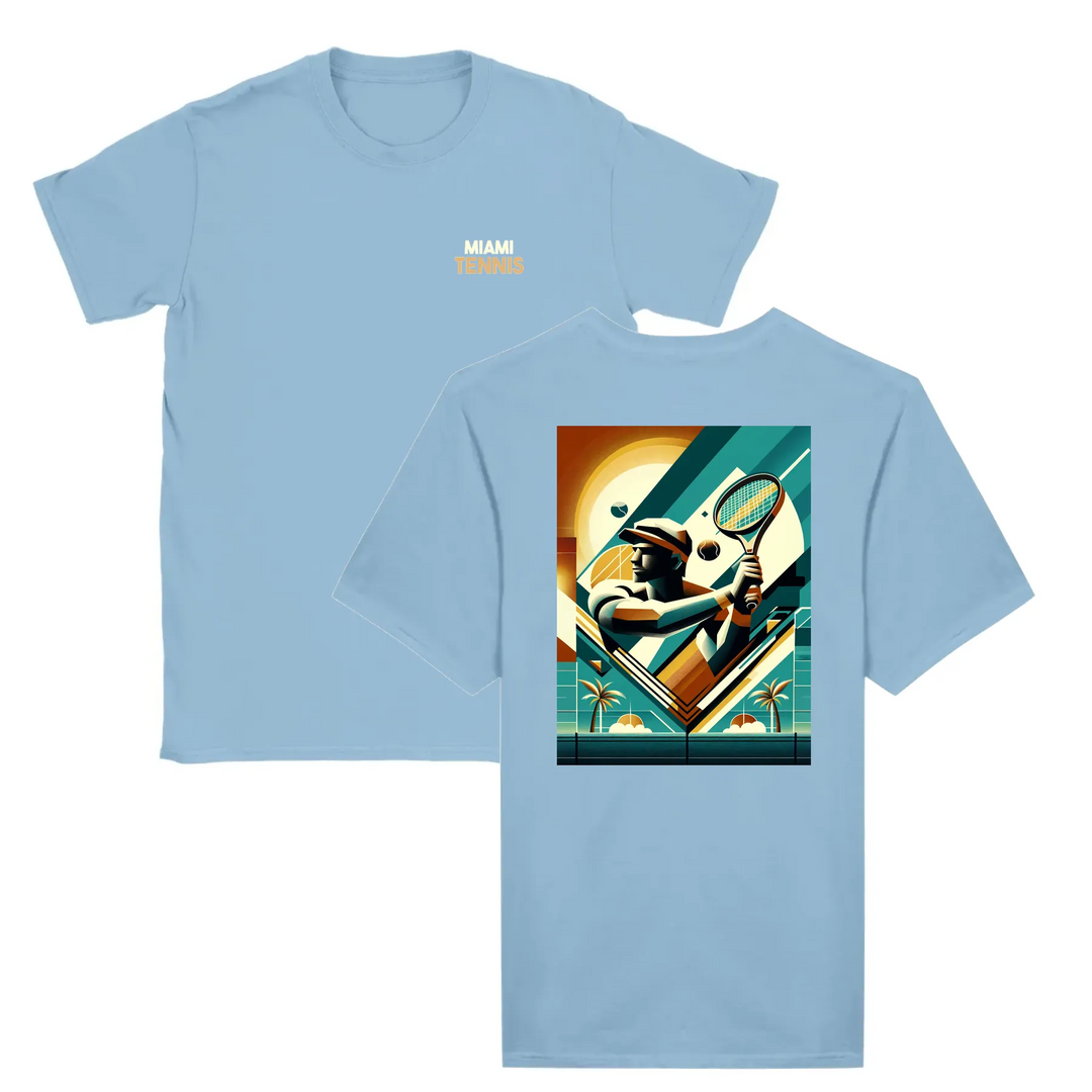 T-shirt featuring a graphic of a tennis player in action against a Miami skyline