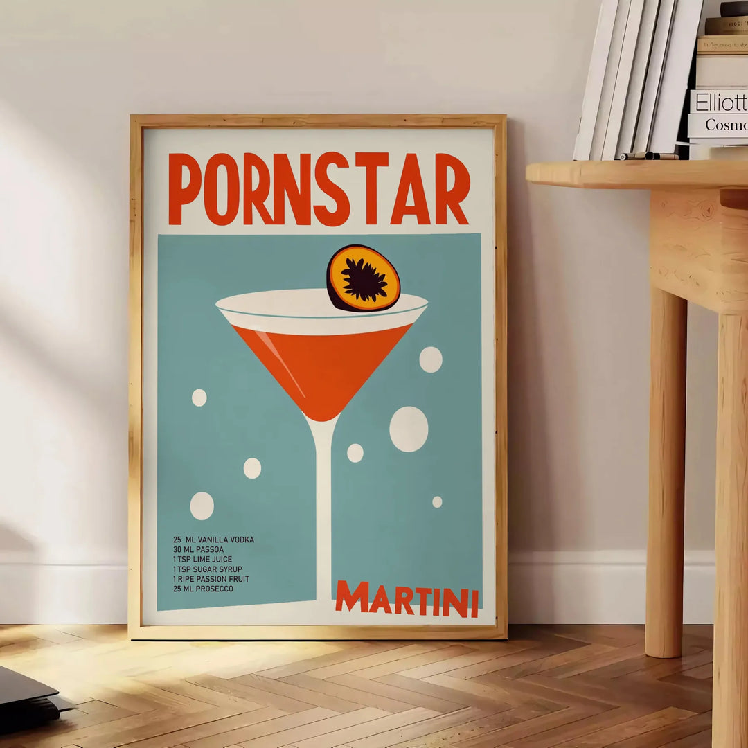 Poster of Pornstar Martini cocktail illustration with green and brown tones