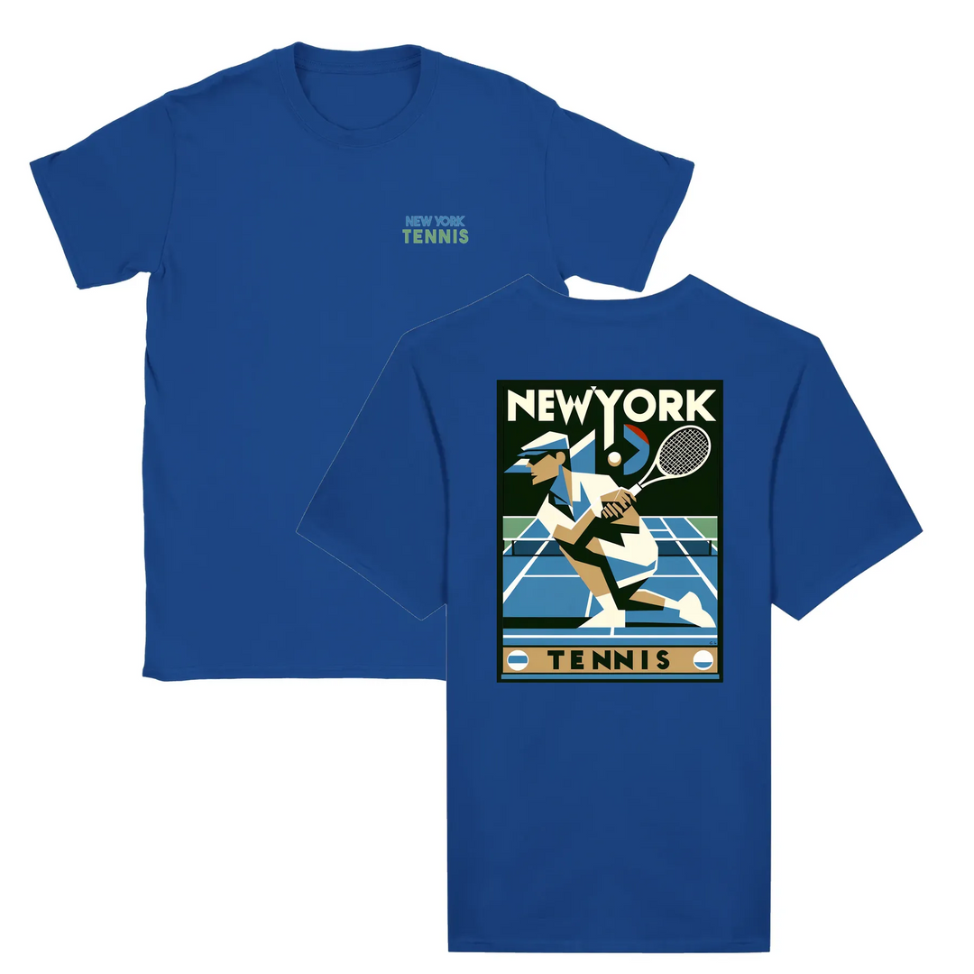 T-shirt featuring a graphic of a tennis player in action against a New York skyline
