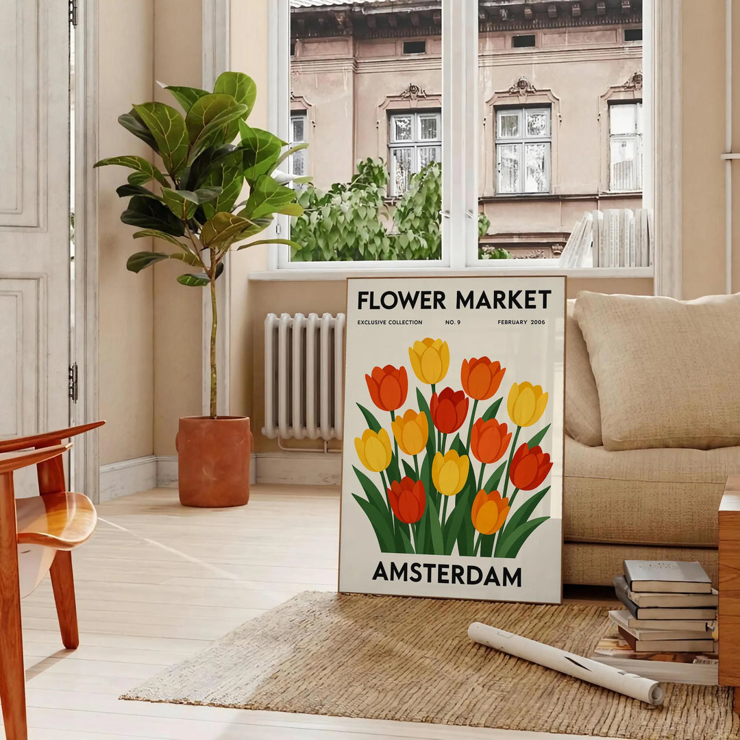 Amsterdam flower market botanical poster in vintage style, green and white