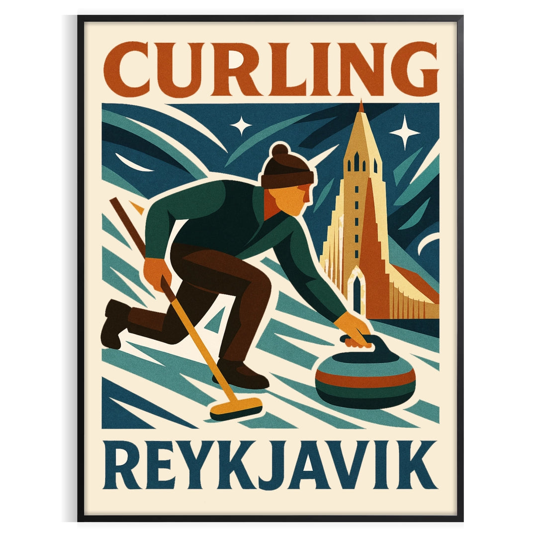 Curling action in Reykjavik, minimalist orange and green graphic poster