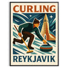 Affiche graphique de curling à Reykjavik en orange et vert minimaliste