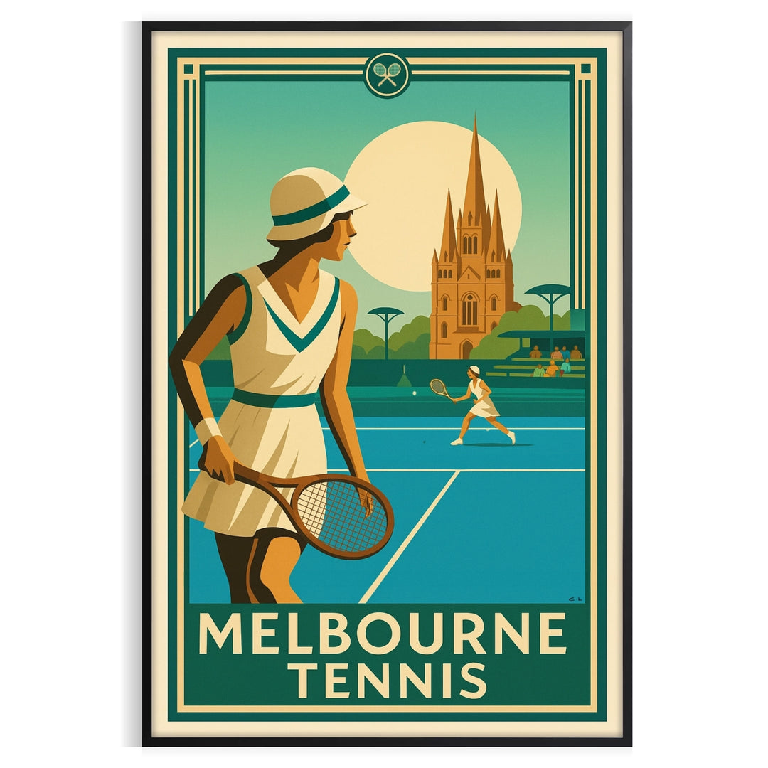 Melbourne tennis poster in brown and green, minimalist sport artwork