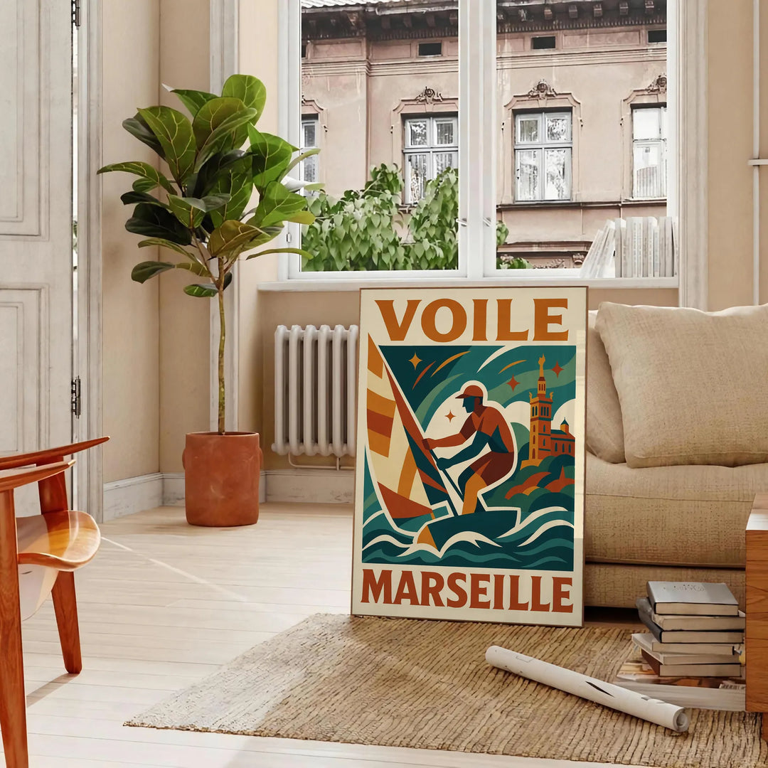 Minimalistisches Poster eines Segelboots in Marseille mit Blau- und Grüntönen