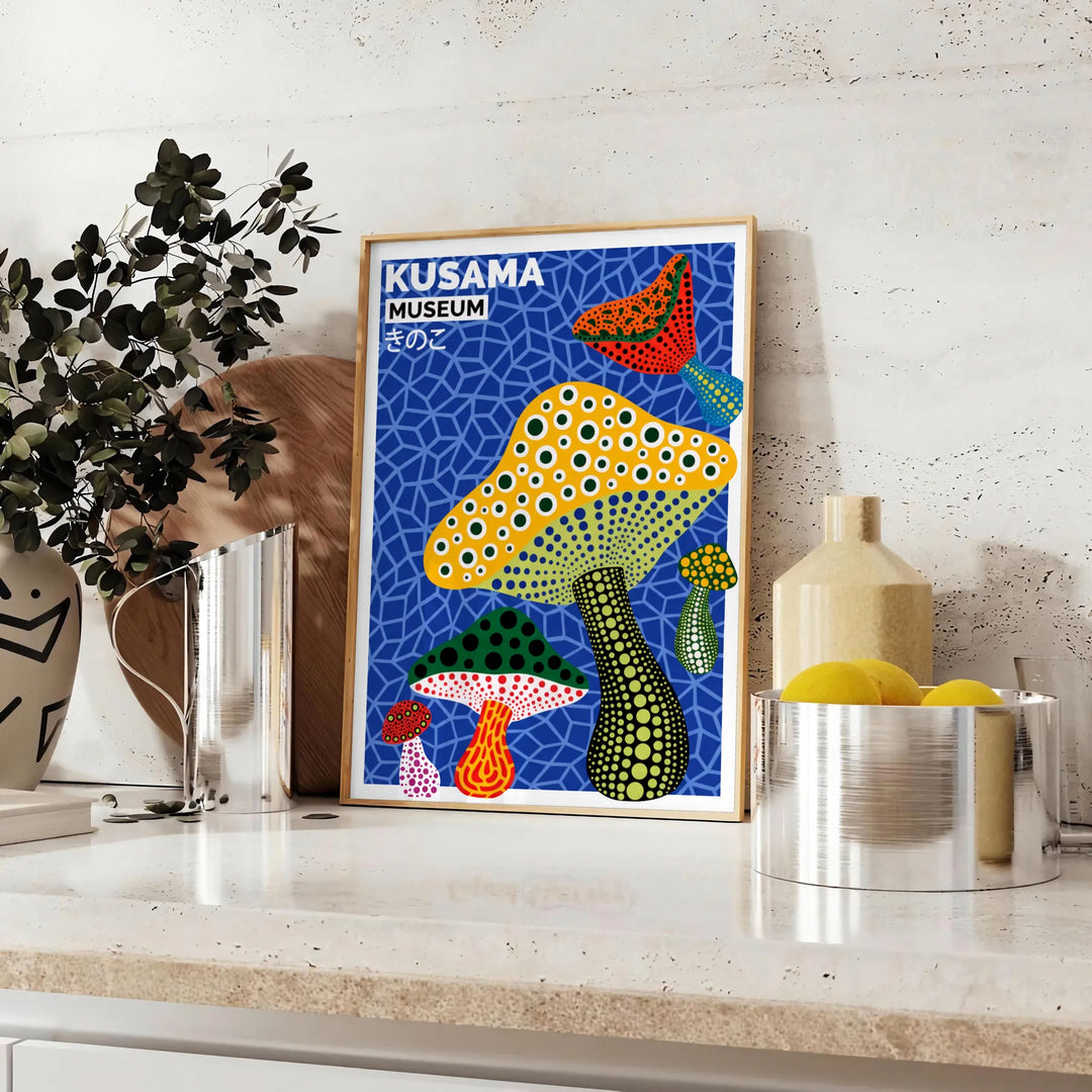 Green and yellow mushroom artwork in Yayoi Kusama style poster