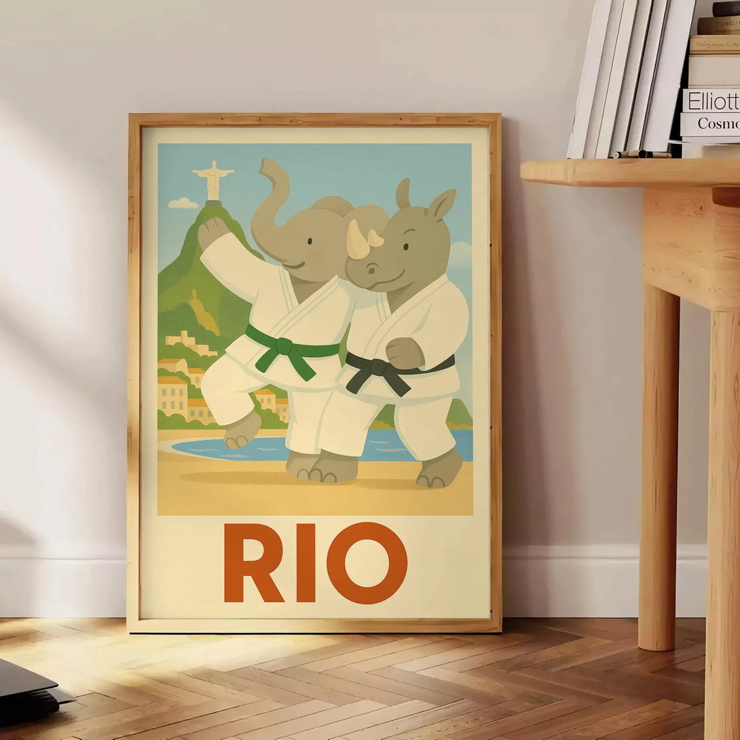 Playful elephant and rhino judo scene in Rio de Janeiro, featuring gray and green tones