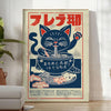 Illustrazione giocosa di un gatto in una cucina di ramen, con tonalità calde di rosso e arancione