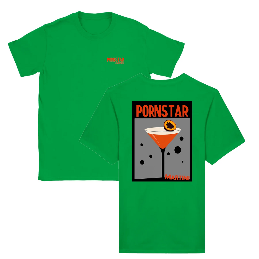 T-shirt featuring a graphic of a Pornstar Martini cocktail