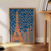 Art Deco Paris poster with stylized cityscape in orange and gray