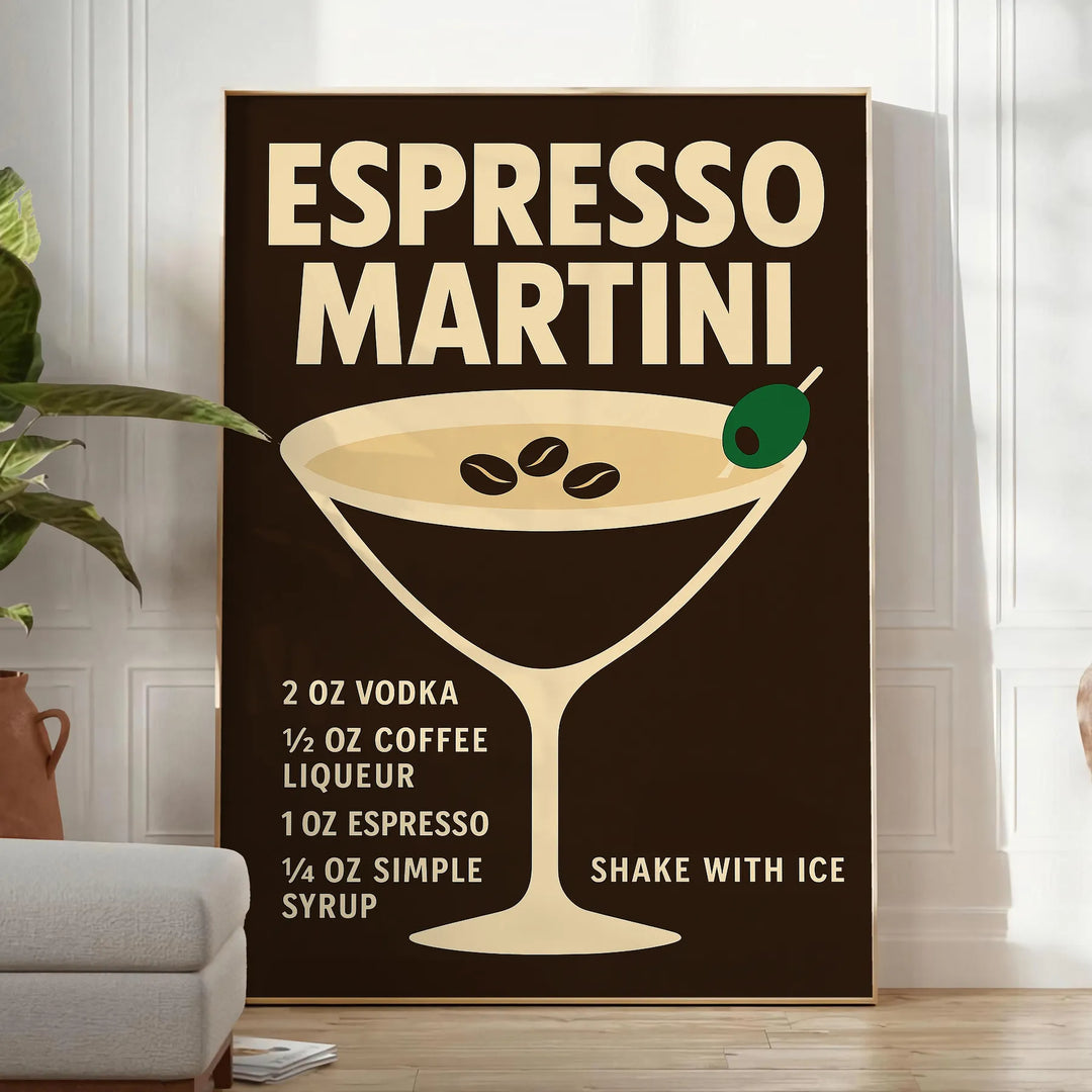 Minimalist illustration of an Espresso Martini cocktail in black and gray
