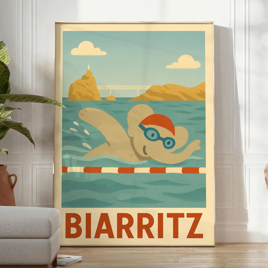 Whimsical illustration of a gray elephant swimming in blue water, Biarritz