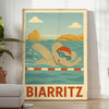 Whimsical illustration of a gray elephant swimming in blue water, Biarritz