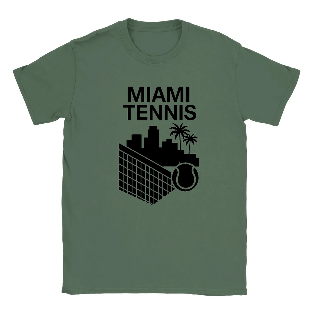 T-shirt featuring a graphic of a tennis player in action against a Miami skyline