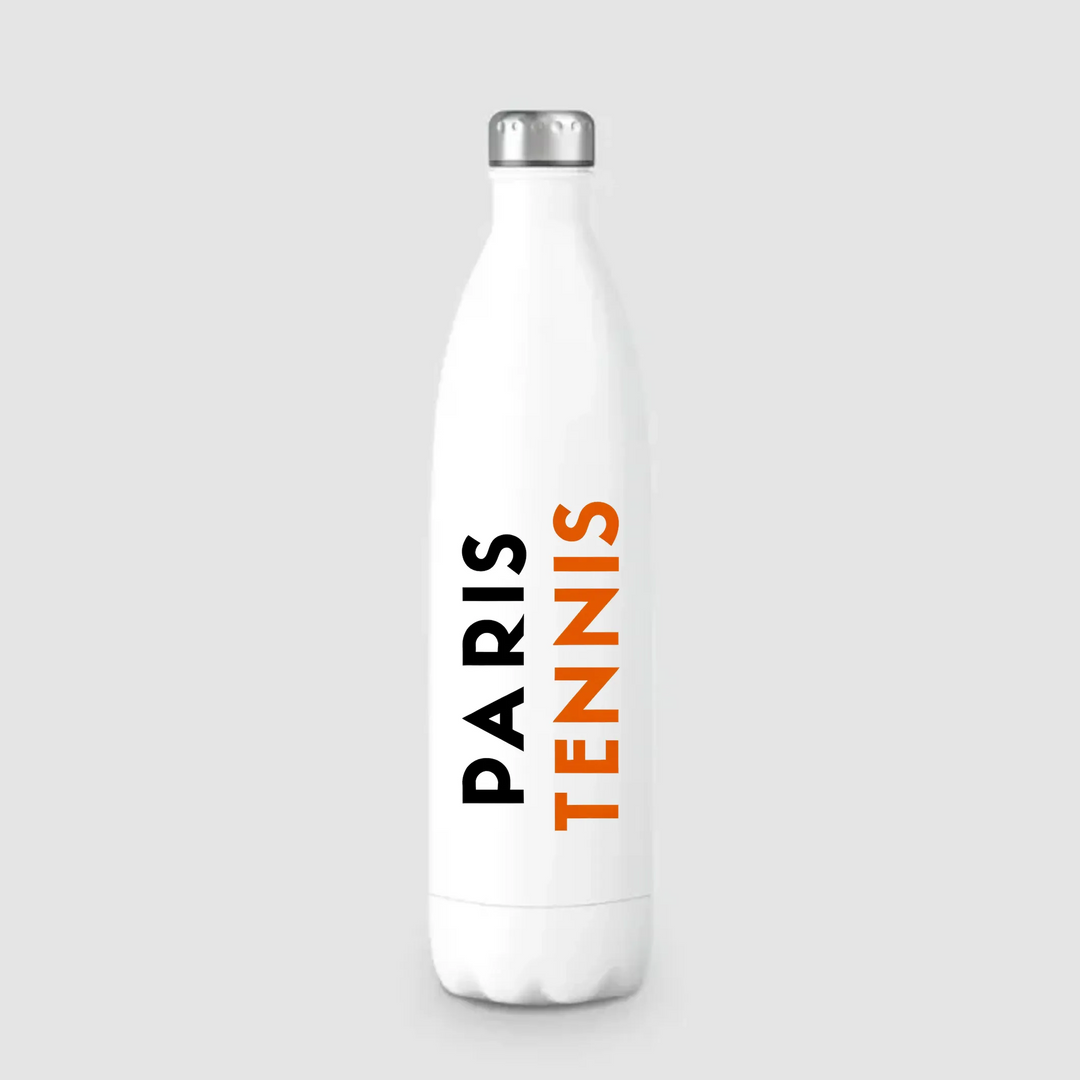 Stainless steel water bottle featuring Paris tennis graphic, insulated double-wall