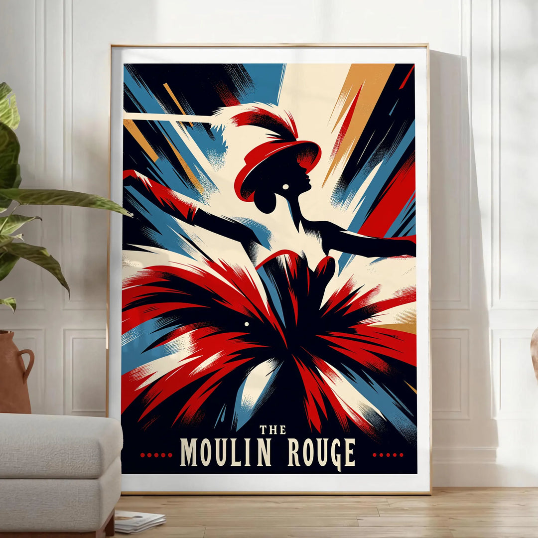 Vintage Moulin Rouge dancer artwork poster in red and white