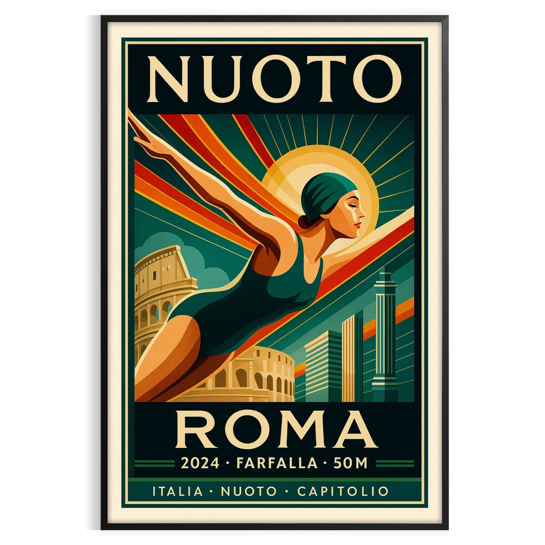 Stylized swimmer in motion with Roman columns in the background