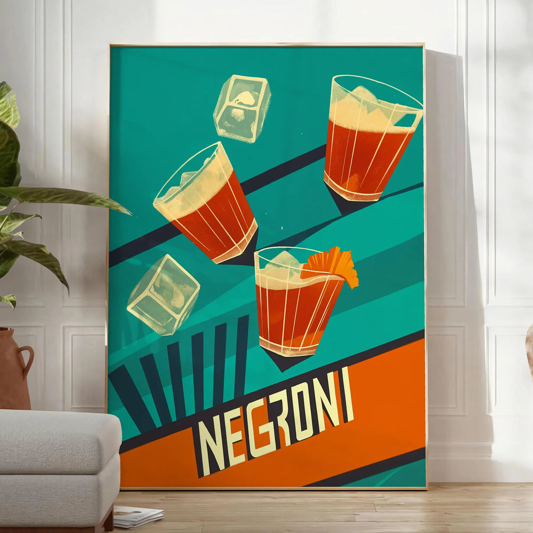 Minimalist Negroni cocktail poster with abstract orange and green geometric shapes