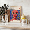 Stylized woman with polka dots in red and blue by Yayoi Kusama