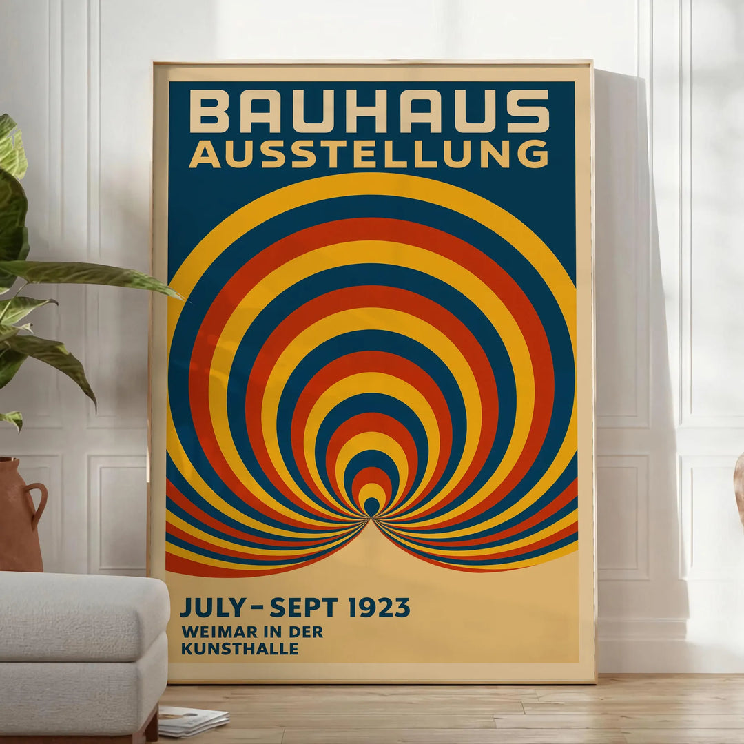 Poster showing a Bauhaus circular abstract design in blue and red