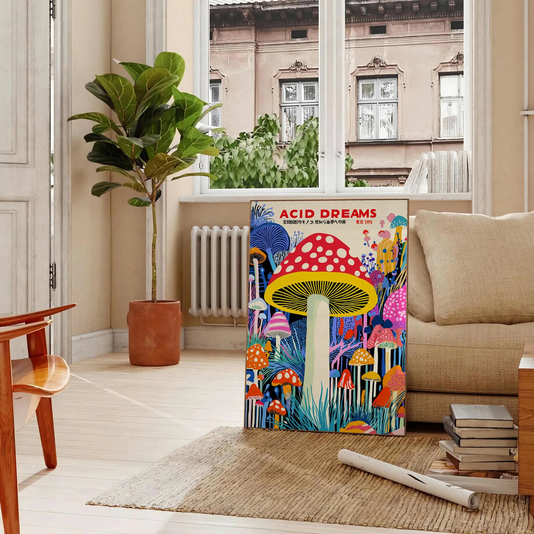 Colorful polka-dotted mushrooms in red and blue by Yayoi Kusama