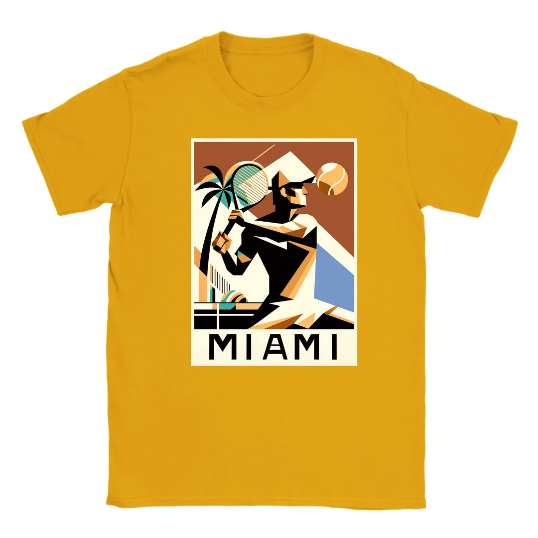T-shirt featuring a graphic of tennis rackets and a Miami skyline