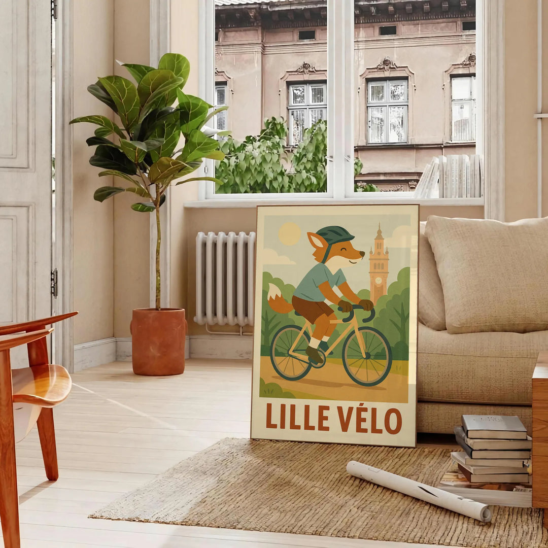 Playful orange fox riding a bicycle against a green background