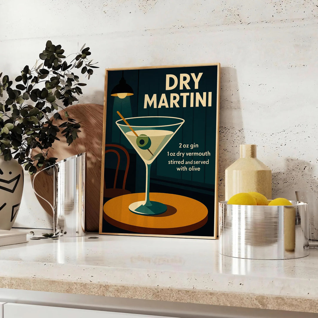 Illustration of a dry martini cocktail in a minimalist style, black and gray tones