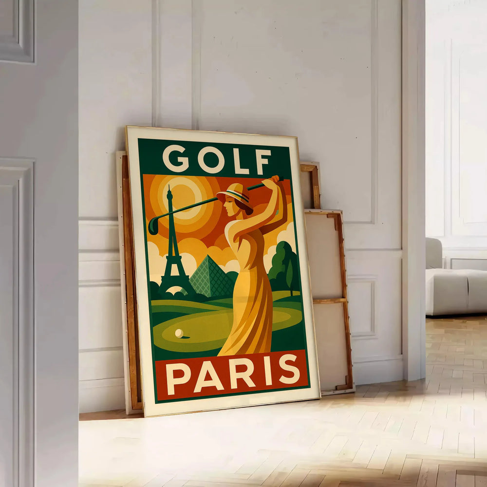 Vintage illustration of a golf course in Paris with green grass and red accents