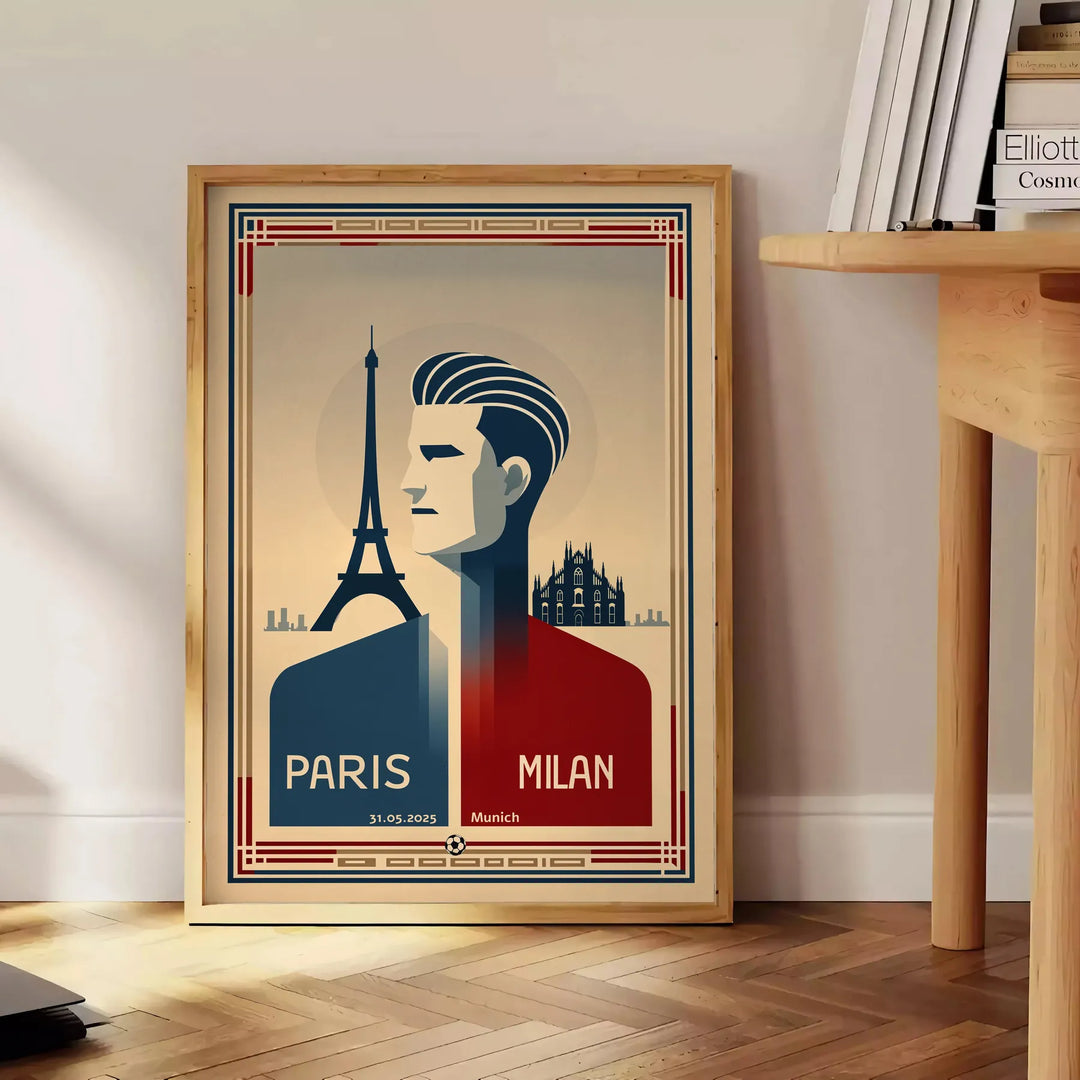 Stylized football match poster featuring Paris, Milan, and Munich on May 31, 2025